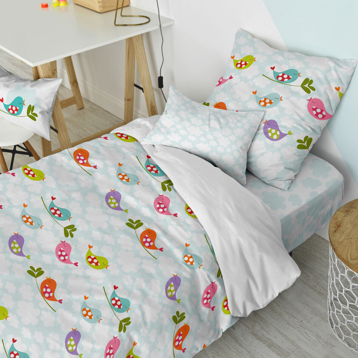 Duvet cover set HappyFriday Mr Fox Little birds Multicolour Single 2 Pieces