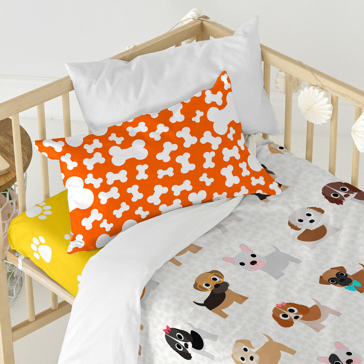 Duvet cover set HappyFriday Mr Fox Dogs Multicolour Baby Crib 2 Pieces