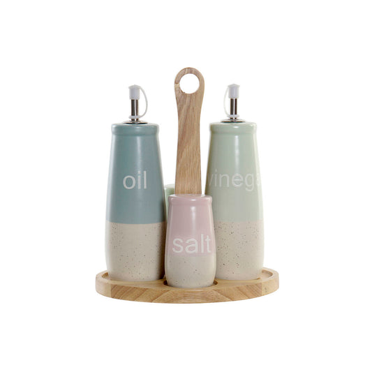 Condiment Set DKD Home Decor 19 x 16 x 22,5 cm Blue Pink Rubber wood Green Stoneware DKD Home Decor