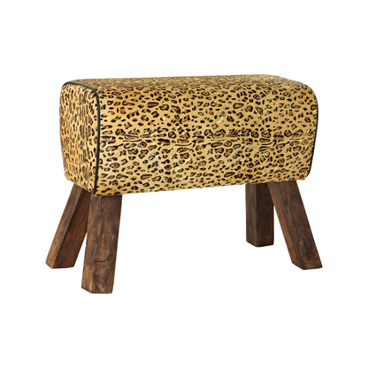 Footrest DKD Home Decor Black Wood Brown Leather Leopard (67 x 30 x 51 cm)