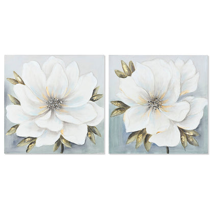 Painting Home ESPRIT White Golden Canvas MDF Wood Flower Romantic 60 x 3 x 60 cm (2 Units)