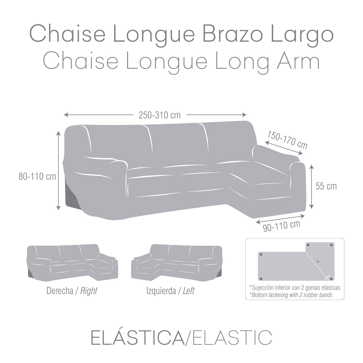 Left long arm chaise longue cover Eysa ULISES Grey 170 x 110 x 310 cm