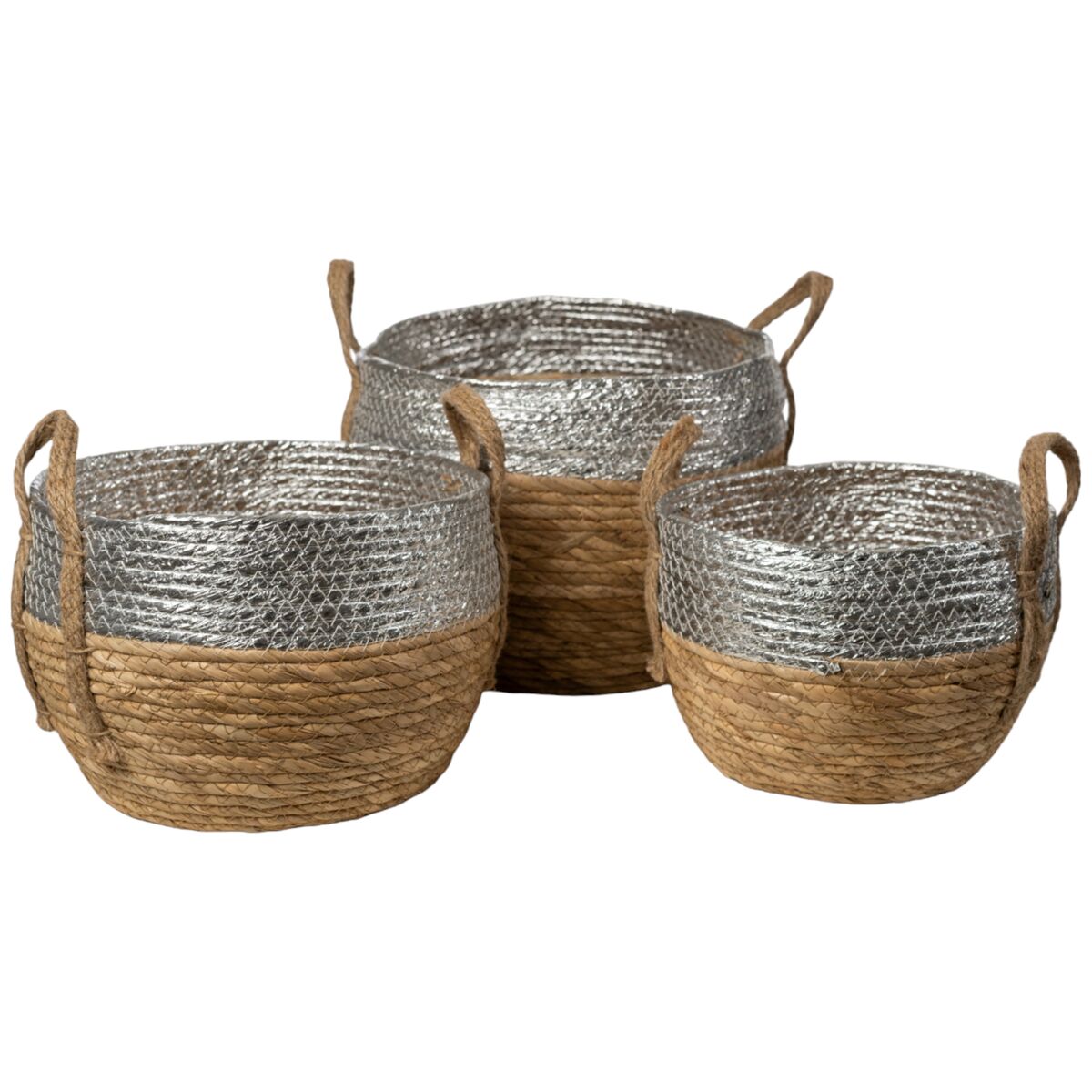 Set of Baskets Romimex Silver Natural Fibre 31 x 25 x 31 cm 3 Pieces