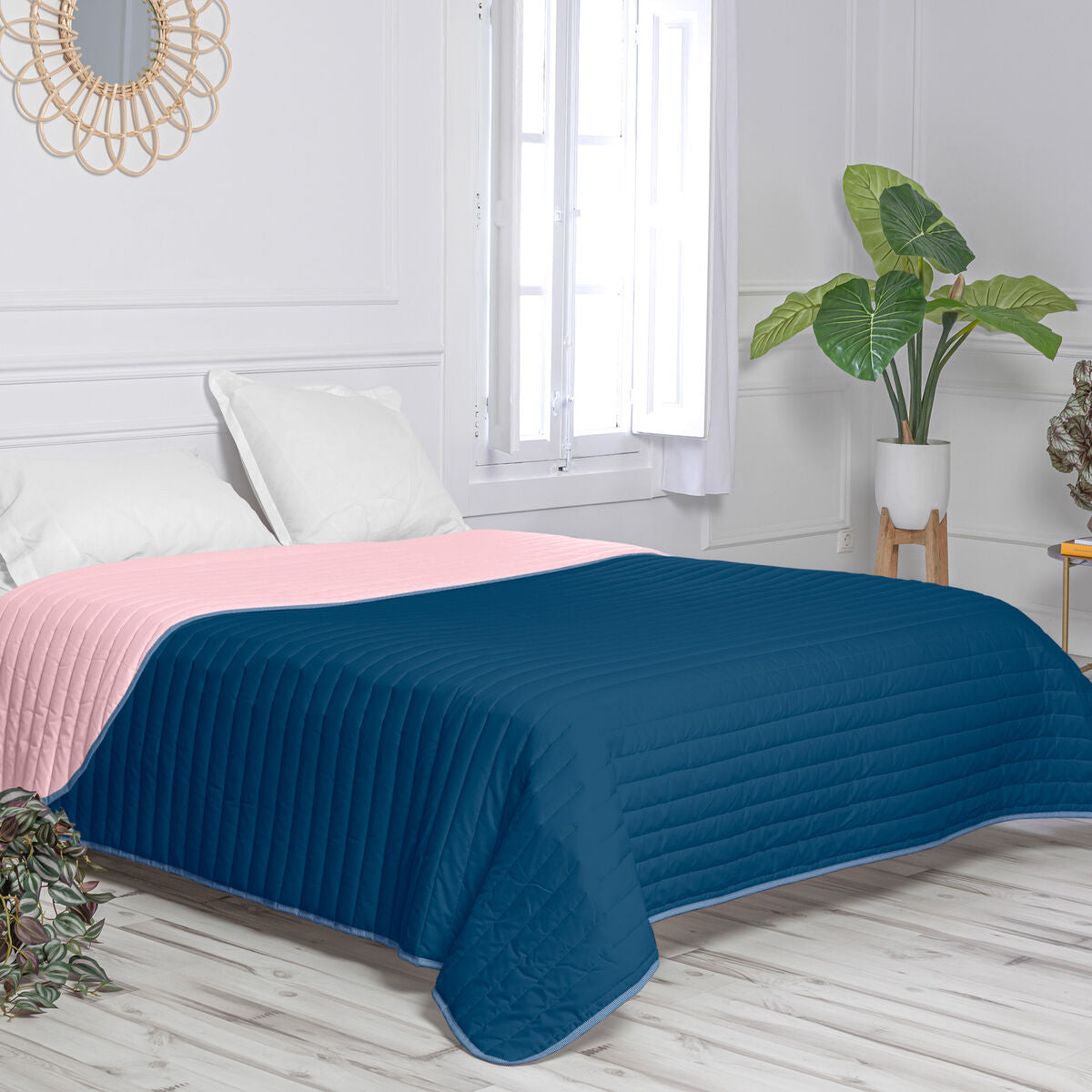 Reversible Bedspread HappyFriday Basic Dash Pink Navy Blue 240 x 260 cm