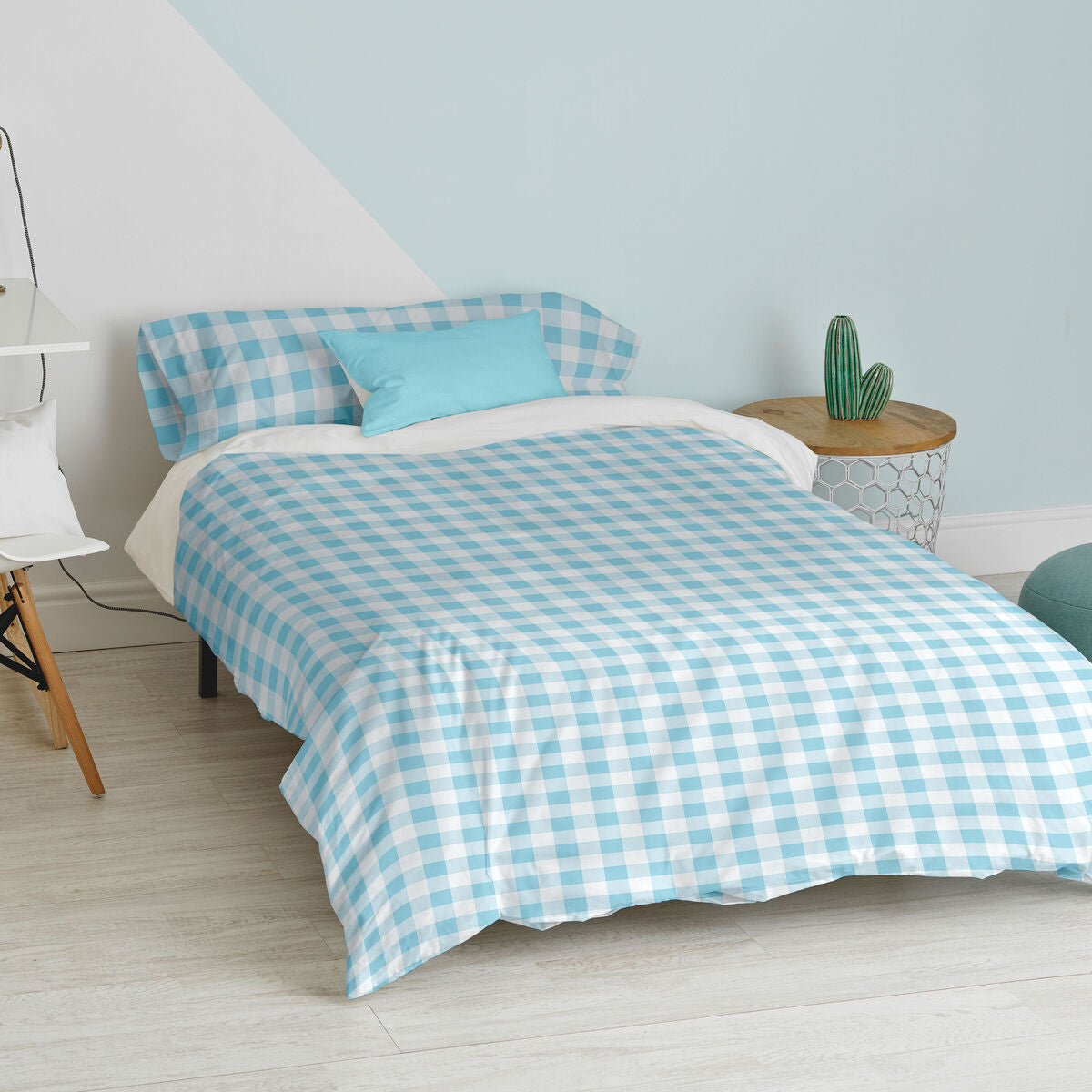 Duvet cover set HappyFriday Basic Kids Blue Single Gingham 2 Pieces