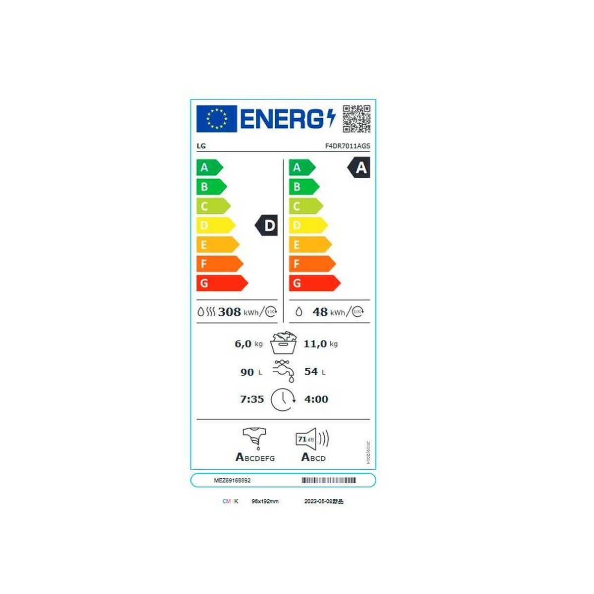 Washer - Dryer LG F4DR7011AGS 1400 rpm