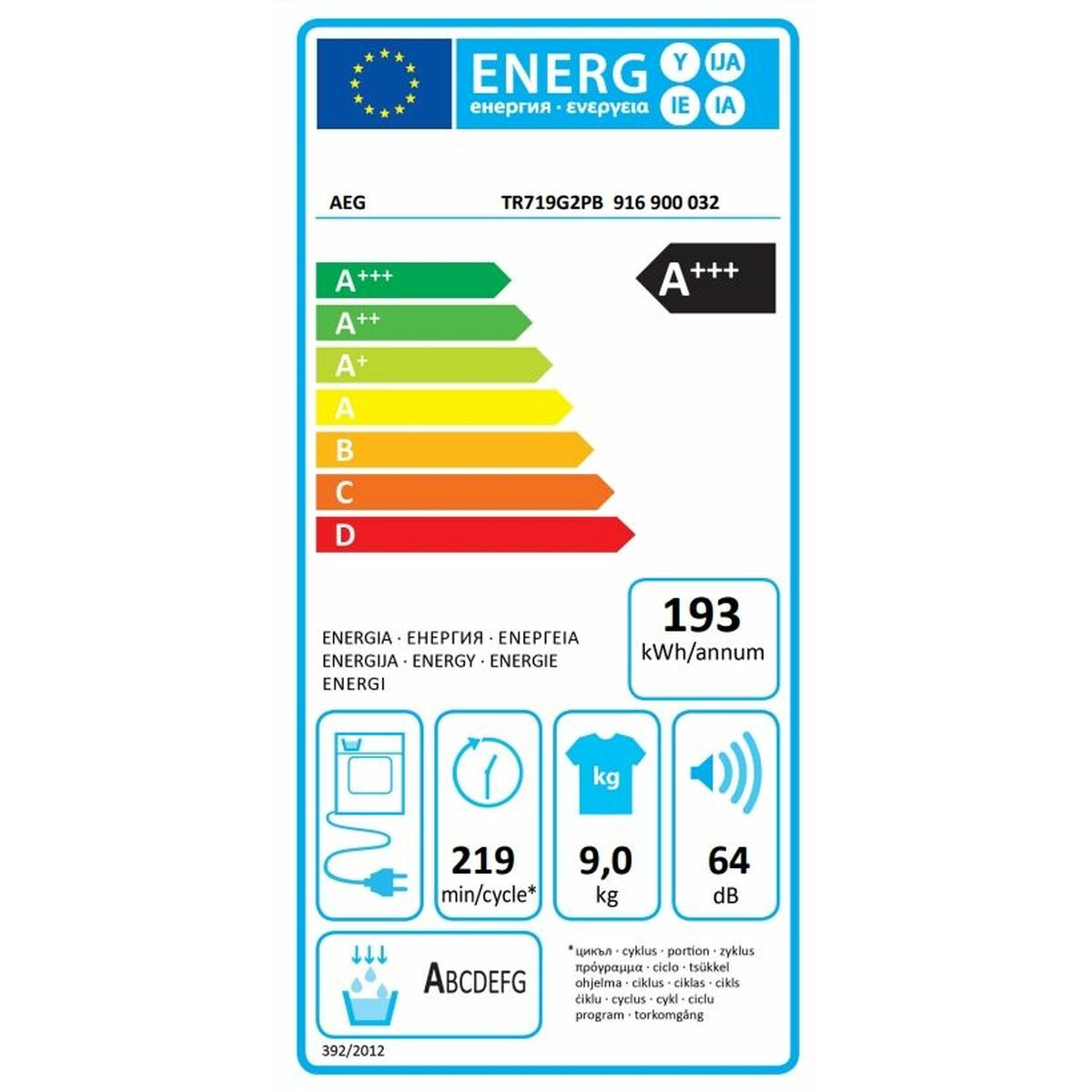 Dryer AEG TR719G2PB 9 kg Heat pump White