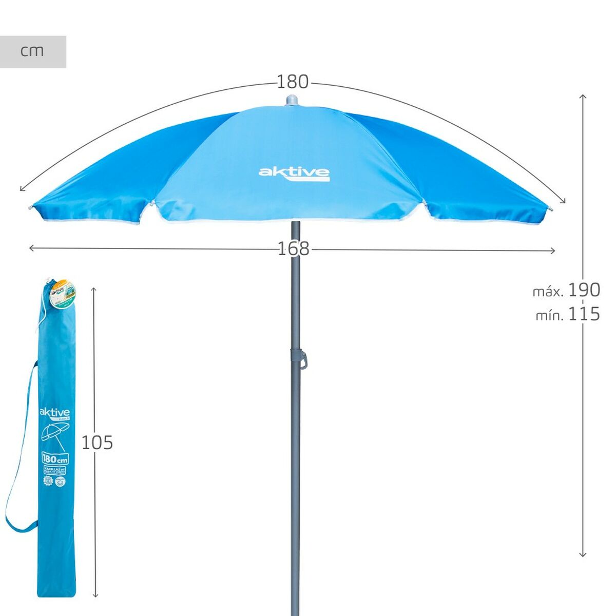 Sunshade Aktive UV50 Ø 180 cm Blue Polyester Aluminium 180 x 187,5 x 180 cm (12 Units)